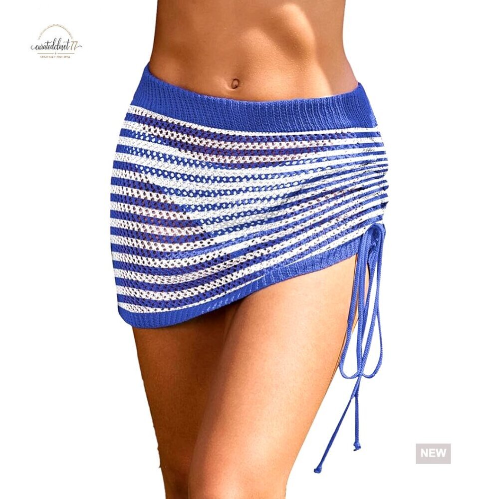 Crochet Swimsuit Cover Up Skirt Knit Drawstring Beach Sarong XS-XXL